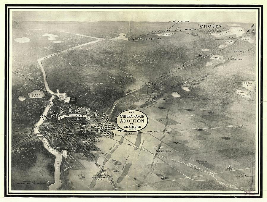 Brainerd Minnesota Cuyuna Range Addition Antique Birdseye Map 1914
