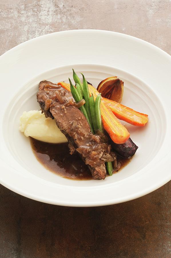 Braised Beef Brisket With Mashed Potato And Vegetables Photograph by John Hay