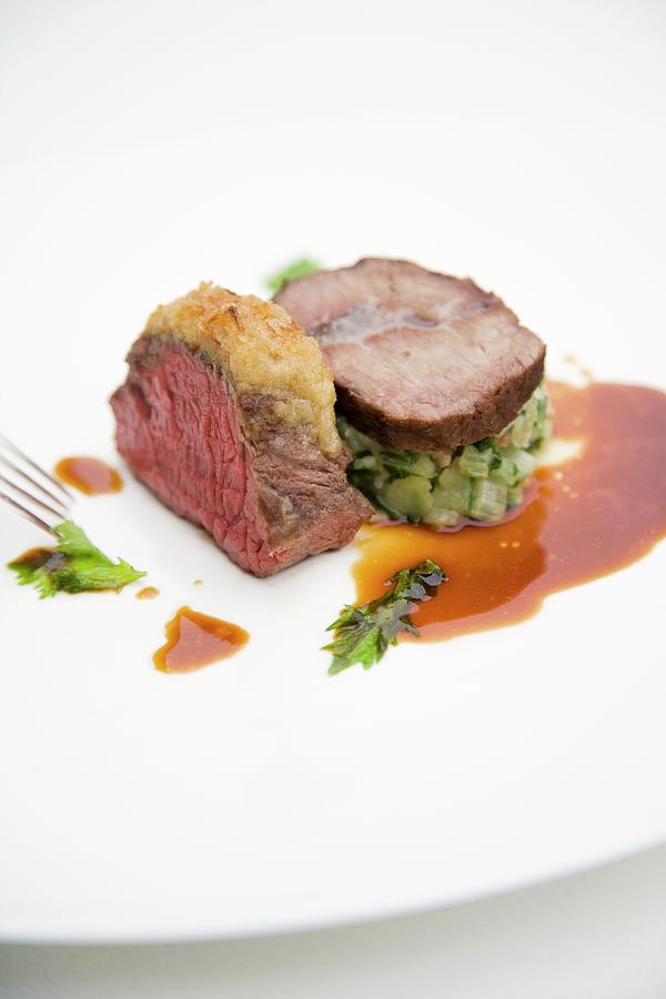 Braised Beef Shoulder And Rare Roasted Beef Fillet On Stem Pure Photograph by Michael Wissing