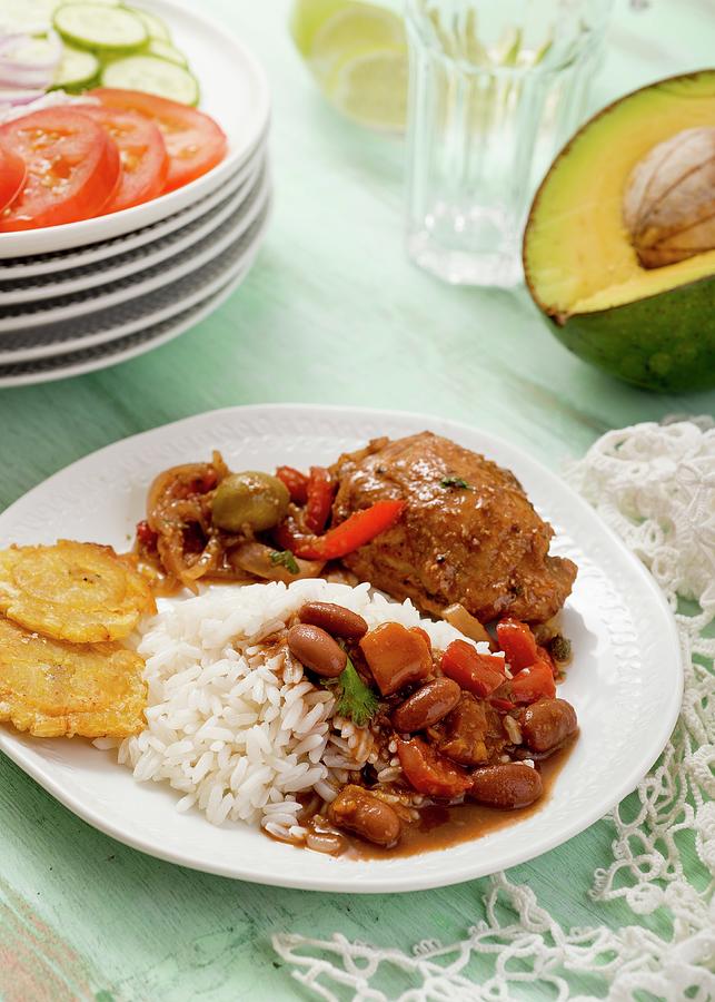 Braised Chicken With Beans, Rice And Tostones dominican Republic Photograph by Clara Gonzalez