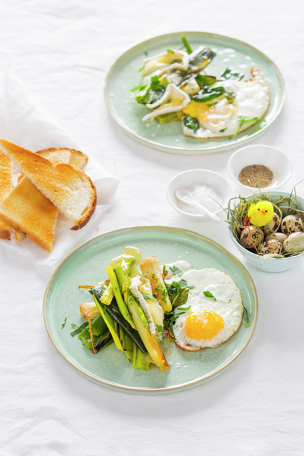 Braised Leek With Melted Camembert And Fried Eggs Photograph by Peter Kooijman