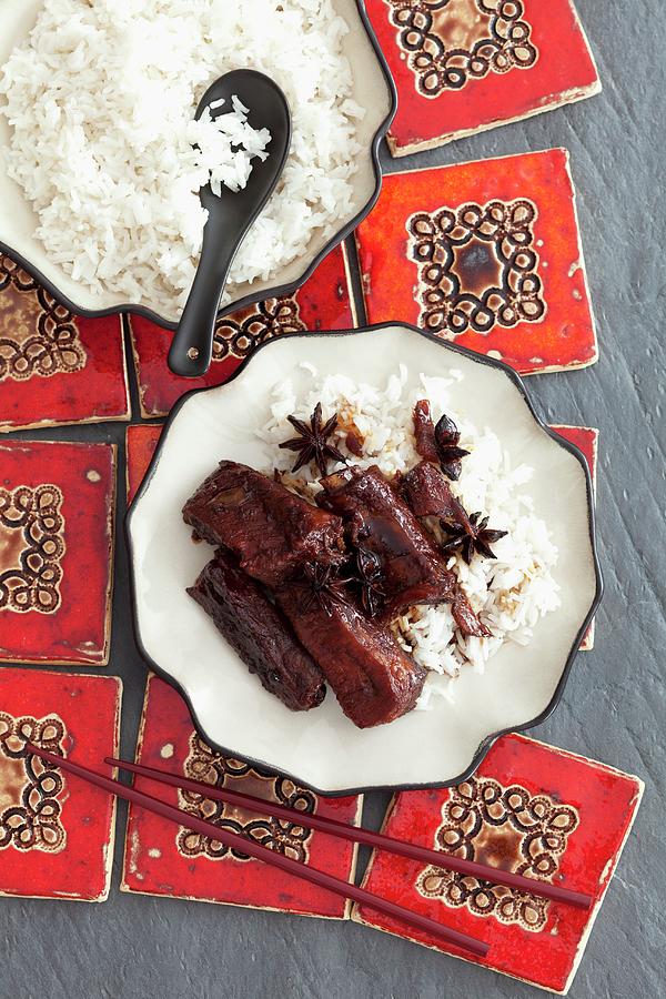 Braised Ribs With Anise, Soya Sauce And Honey With A Side Of Rice asia Photograph by Rua Castilho