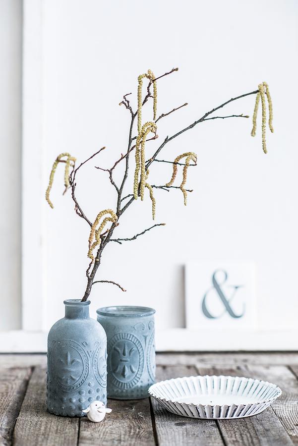Branches Of Hazel Catkins In Vase With Structured Surface And Matching Beaker Photograph by Ulla@patsy