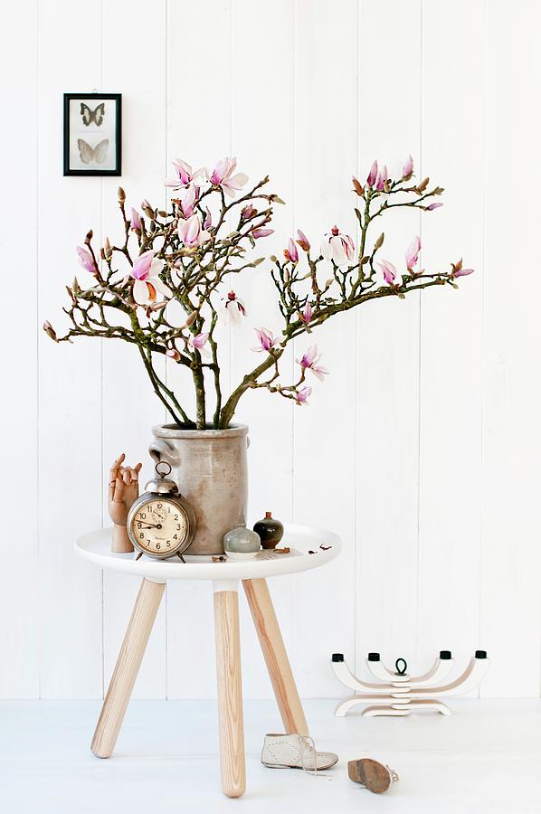 Branches Of Magnolia In Stoneware Pot On Tablo Side Table Photograph by Cornelia Weber
