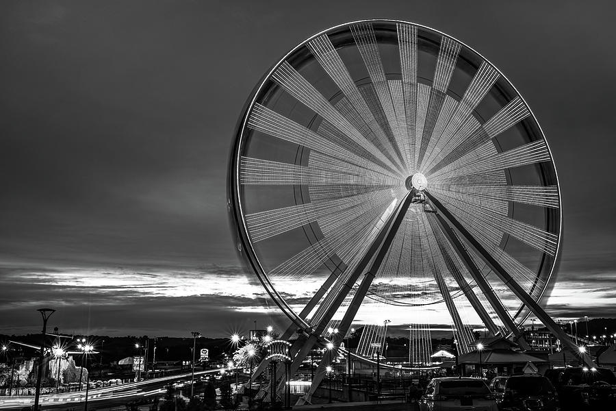 Black And White Photograph - Branson Ferris Wheel at Dusk on the Strip - Monochrome by Gregory Ballos