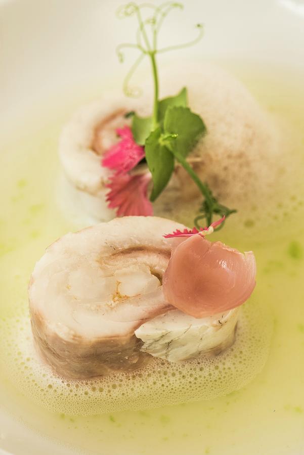 Branzini Roulade With Scampi, Wild Onions And Courgette Water At The Laltro Baffo Restaurant In Otranto, Italy Photograph by Jalag / Stefano Scat