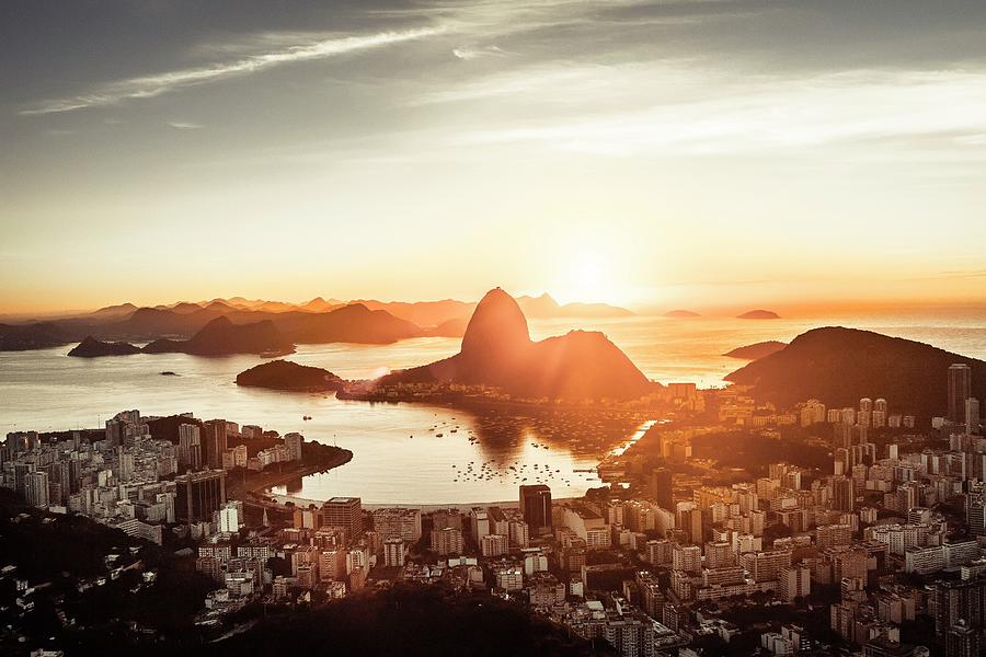 Brazil, Rio De Janeiro, Sugarloaf Mountain, Baia De Guanabara, Flamengo, Botafogo And Sugarloaf Mountain At Sunrise Digital Art by Antonino Bartuccio