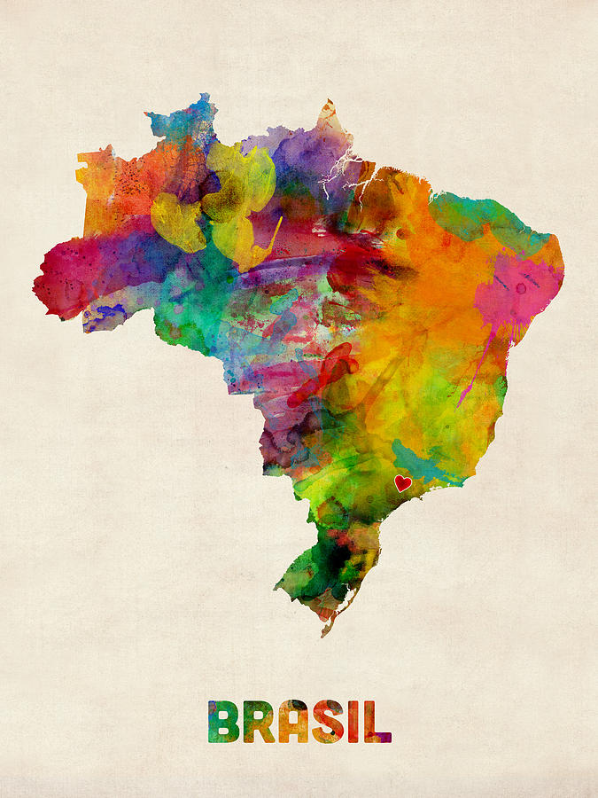 Brazil Watercolor Map Custom Heart Digital Art by Michael Tompsett