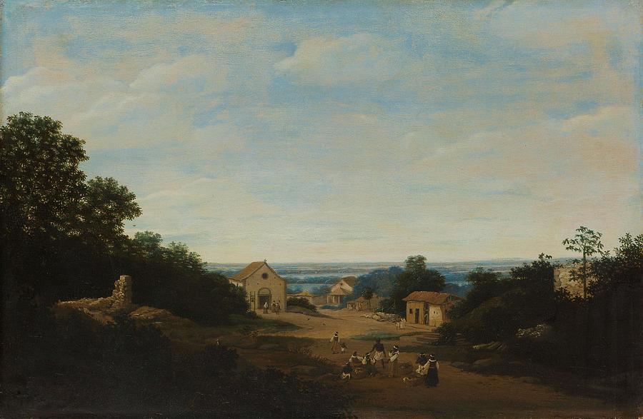 Brazilian landscape with the village of Igaracu. To the left the church of Sts Cosmas and Damian.... Painting by Frans Jansz Post