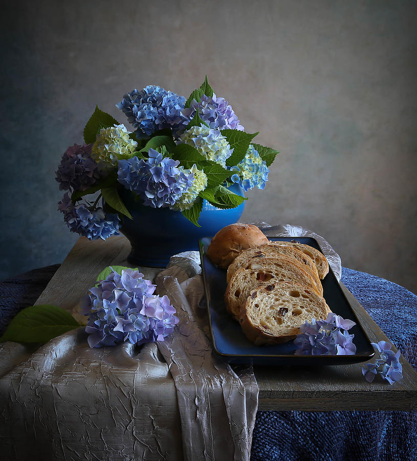Still Life Photograph - Bread And Hydrangea by Fangping Zhou
