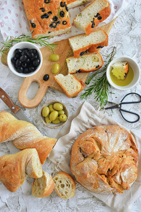 Bread, Green Olives And Black Olives Photograph by Karolina Smyk