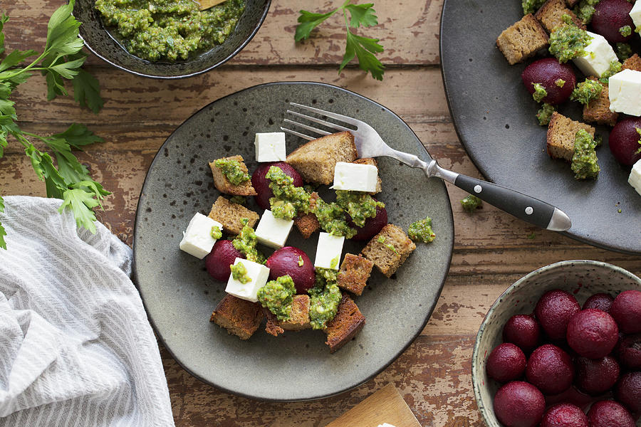Bread Salad With Beetroot, Sheeps Cheese And Smoked Almond Pesto Photograph by Nicole Godt