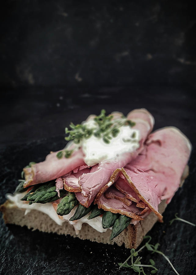 Bread Slice With Cooked Ham, Green Asparagus, Cress And Tartar Sauce Photograph by M. Nlke