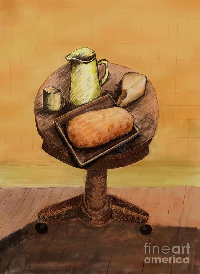 Bread Table Painting by Kathy Strauss