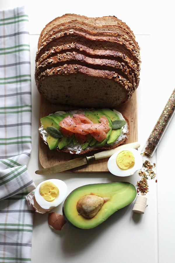 Bread Topped With Avocado, Smoked Salmon And Hard-boiled Egg Photograph by Sylvia E.k Photography