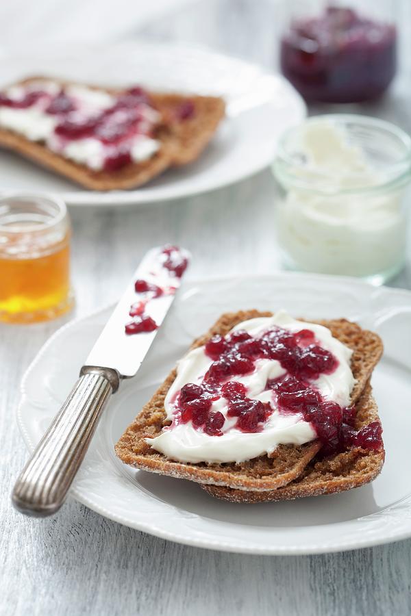 Breads With Crme Fraiche And Cranberry Jam Photograph by Miltsova, Olga