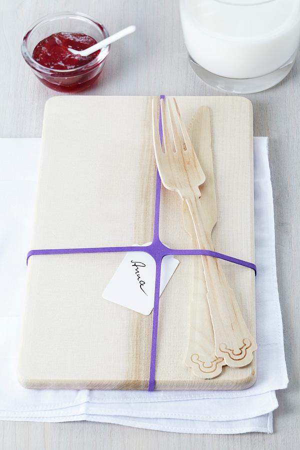 Breakfast Board With Name Card And Purple Rubber Band Photograph by Franziska Taube