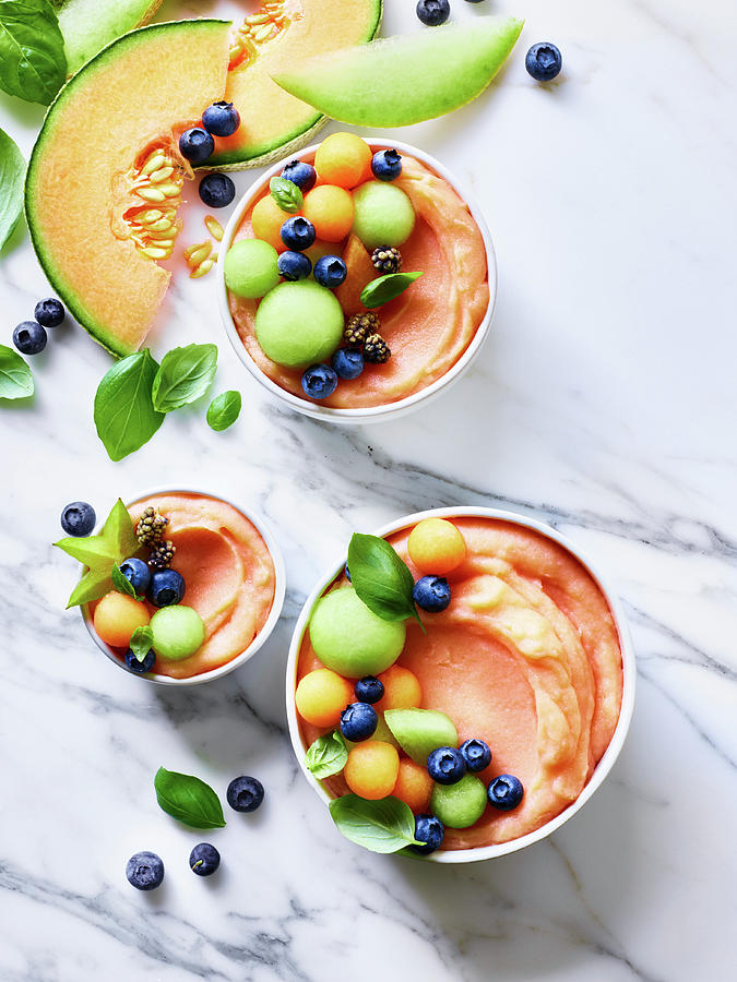 Breakfast Bowl With Melon And Blueberries Photograph by Leigh Beisch