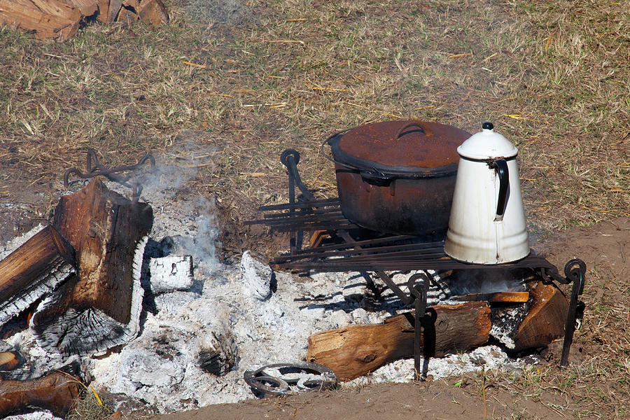 Breakfast cook fire with cast iron pot and coffee pot by Allen Penton