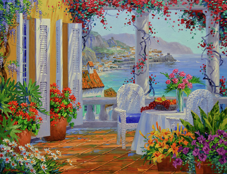 Amalfi Coast Painting - Breakfast for Two by Mikki Senkarik Amalfi Coast Painting - Breakfast for Two by Mikki Senkarik