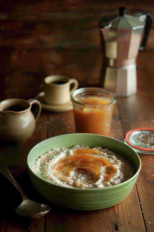 Breakfast Porridge With Fruit Mousse And Coffee Photograph by Kristy Snell