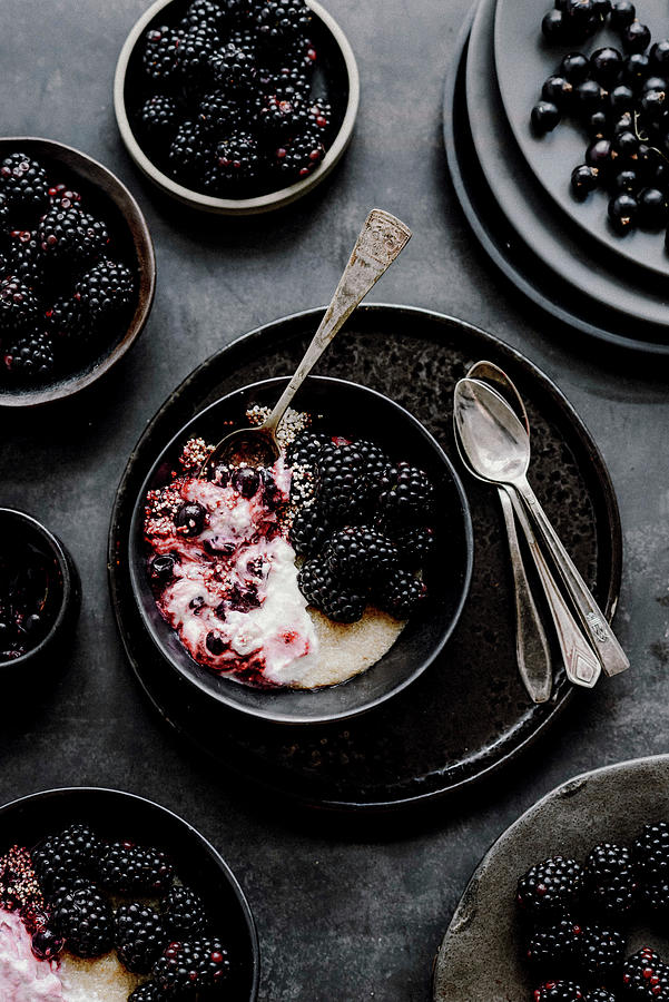 Breakfast Pudding With Blackberries, Black Currants, Coconut Cream And Amaranth Photograph by Kasia Wala