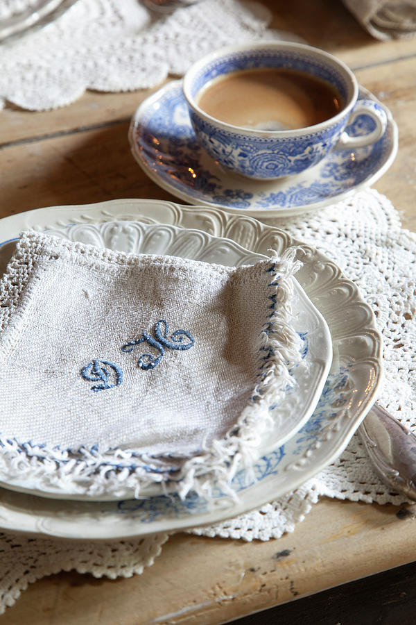 Breakfast Table Set With Coffee And Monogrammed Napkin Photograph by Claudia Bttcher