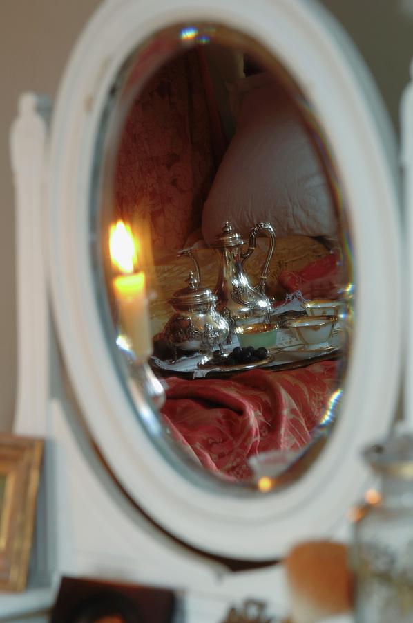 Breakfast Tray With Antique Silver Pots On Bed Reflected In Mirror Of Dressing Table Photograph by Christophe Madamour
