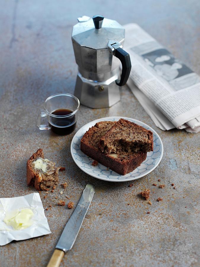 Breakfast With Banana Bread, Espresso And A Newspaper Photograph by Ian Garlick