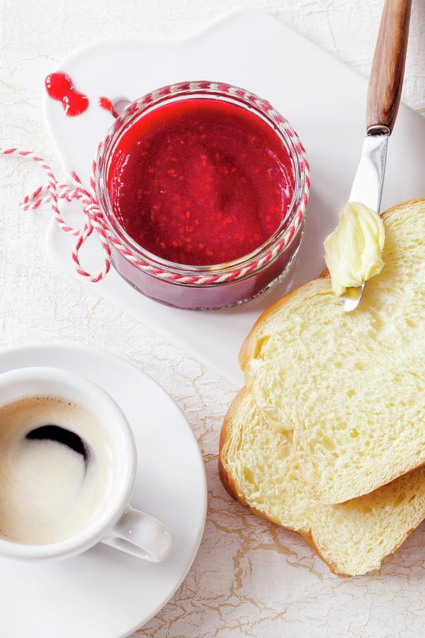 Bread Photograph - Breakfast With Espresso, Brioche And Raspberry Jam by Birgit Twellmann