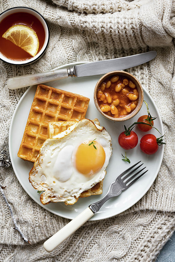 Breakfast With Fried Egg, Baked Beans And Waffles Photograph by Monika Grabkowska