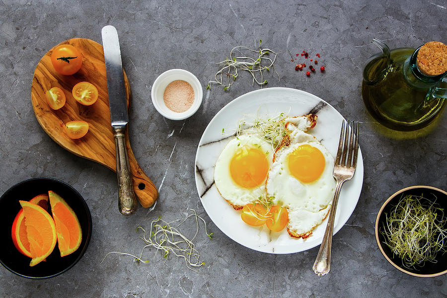 Breakfast With Fried Eggs, Micro Greens And Tomatoes Flat Lay Photograph by Yuliya Gontar