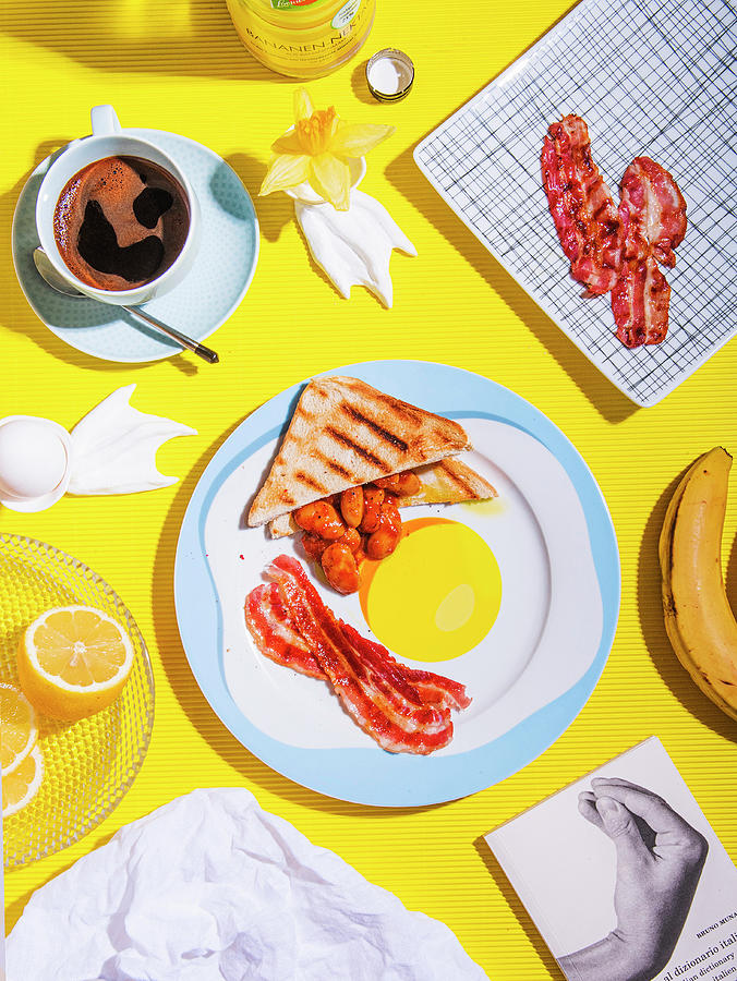 Breakfast With Toast, Baked Beans And Bacon On A Plate With A Fried Egg Motif Photograph by Olga Berndt