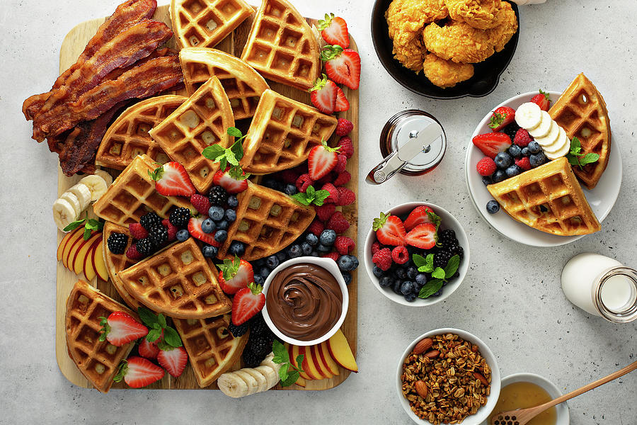 Breakfast With Waffles, Berries, Chicken, Bacon And Granola Photograph by Elena Veselova