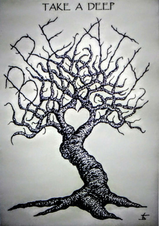 Breathe Love Tree - blk/wht Drawing by Aaron Bombalicki