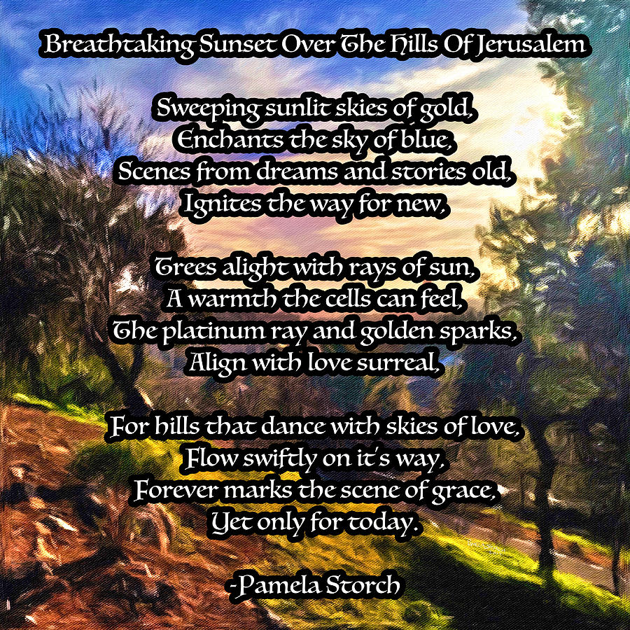 Tree Digital Art - Breathtaking Sunset Over The Hills Of Jerusalem Poem by Pamela Storch