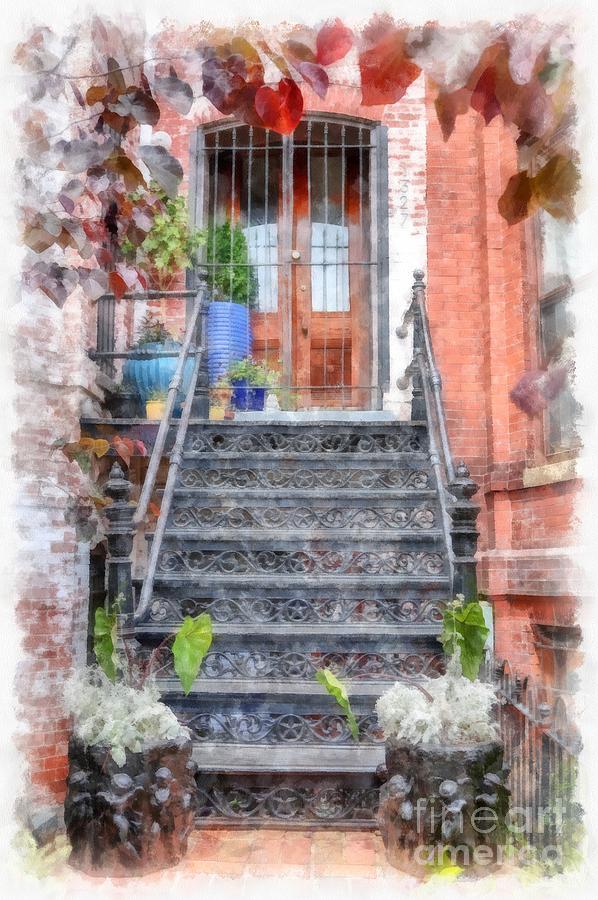 Brick Townhouse Walkup Watercolor Digital Art by Edward Fielding