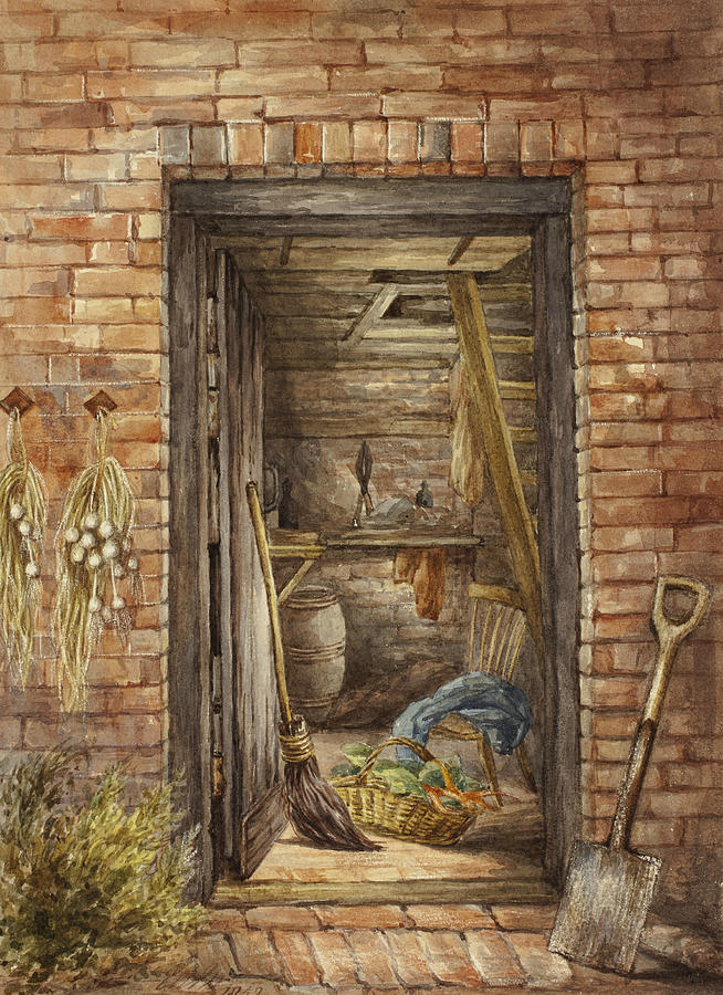 Shovel Drawing - Brick Wall with Open Door and Shovel by Elizabeth Murray