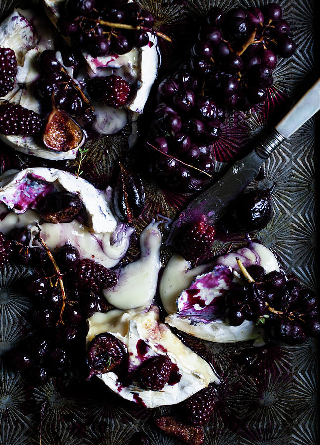 Brie With Roasted Concord Grapes, Figs, Blackberries And Thyme With Balsamic Vinegar And Honey Photograph by Ryla Campbell