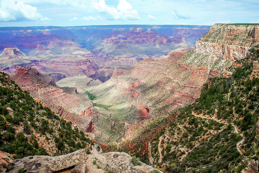 Bright Angel Trail overlooking Indian Gardens and Beyond Photograph by Dawn Richards