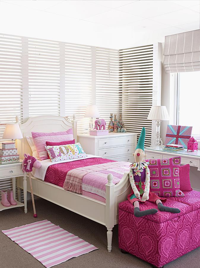 Bright Girls Bedroom With White Furniture And Cheerful Pink Accents Photograph by Great Stock!