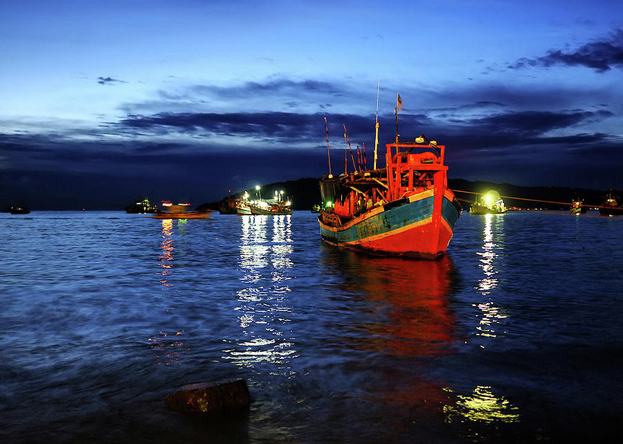 Bright Red Fishing Boat At The Blue Hour Photograph by L. Toshio Kishiyama