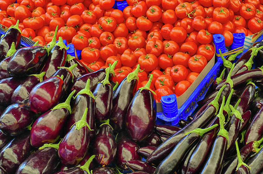 Bright red tomatoes and eggplant  Photograph by Steve Estvanik