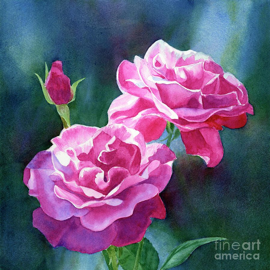 Bright Red Violet Roses With Dark Background Painting By Sharon Freeman