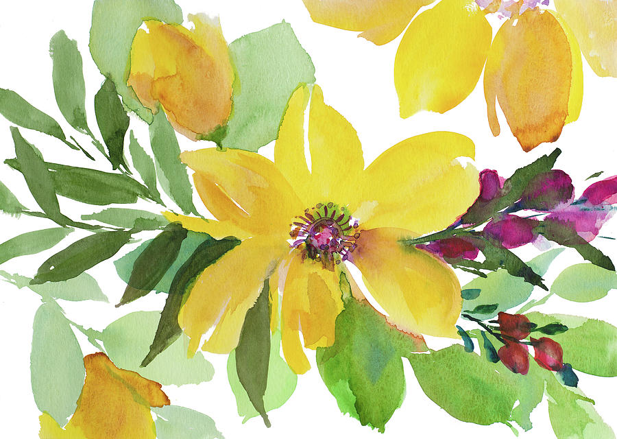 Flower Painting - Bright Yellow Bloom With Fushia Stem Flowers by Lanie Loreth