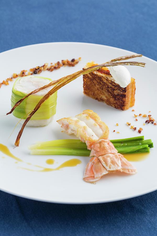 Brill With Langoustine, Baby Leek And Pepper Confit From The Restaurant Ar Men Du, Brittany, France Photograph by Jalag / Miquel Gonzalez