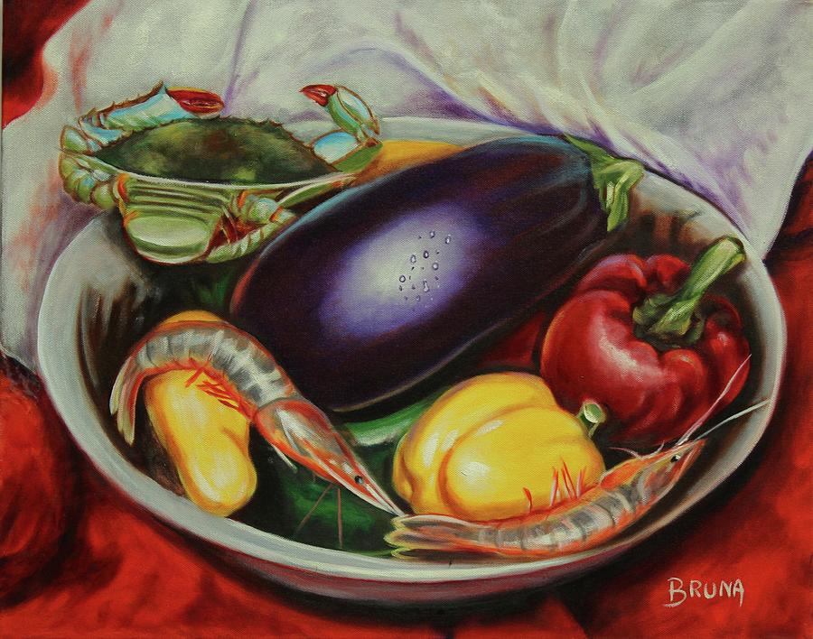 Blue Crab Painting - Brinjal and Blue Crab by Bruna CHRISTIAN