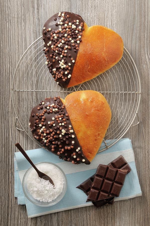 Brioche Hearts With Chocolate Glaze And Chocolate Sprinkles For Valentines Day Photograph by Jean-christophe Riou