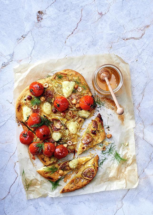 Brioche Pizza With Fennel, Cherry Tomatoes, Bocconcini, Figs And Hazelnuts Photograph by Great Stock!