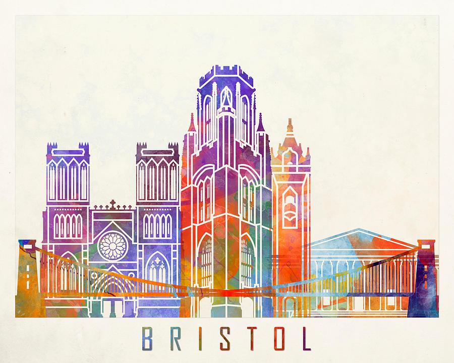 City Drawing - Bristol Landmarks Watercolor Poster by Domiciano Pablo Romero Franco